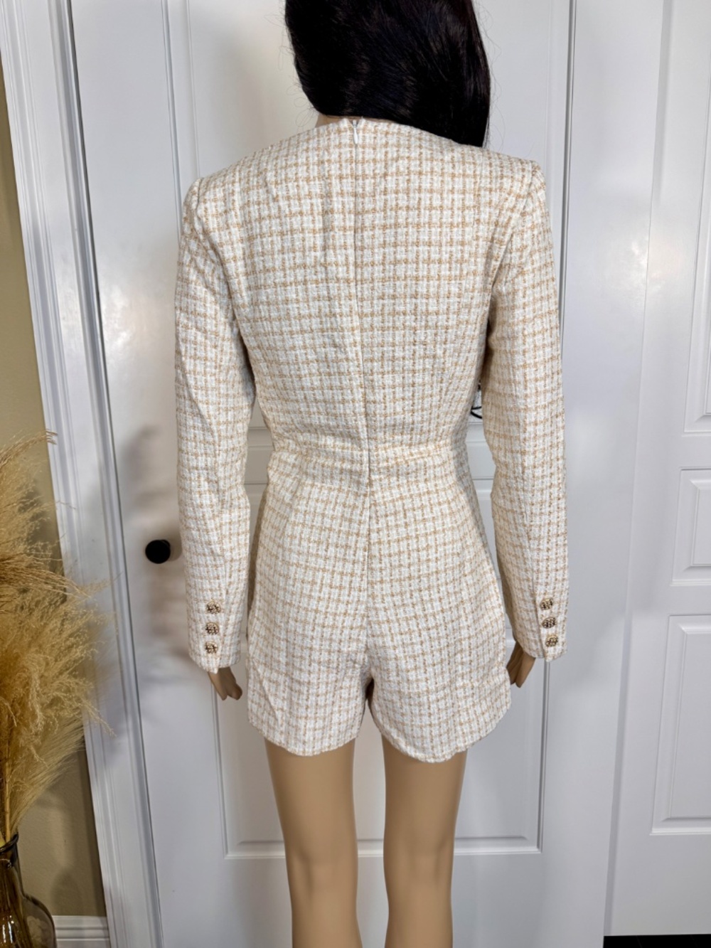 IVORY AND GOLD LONG SLEEVE WOMEN'S TWEED ROMPER WITH POCKETS - NWOT - Picture 11 of 17